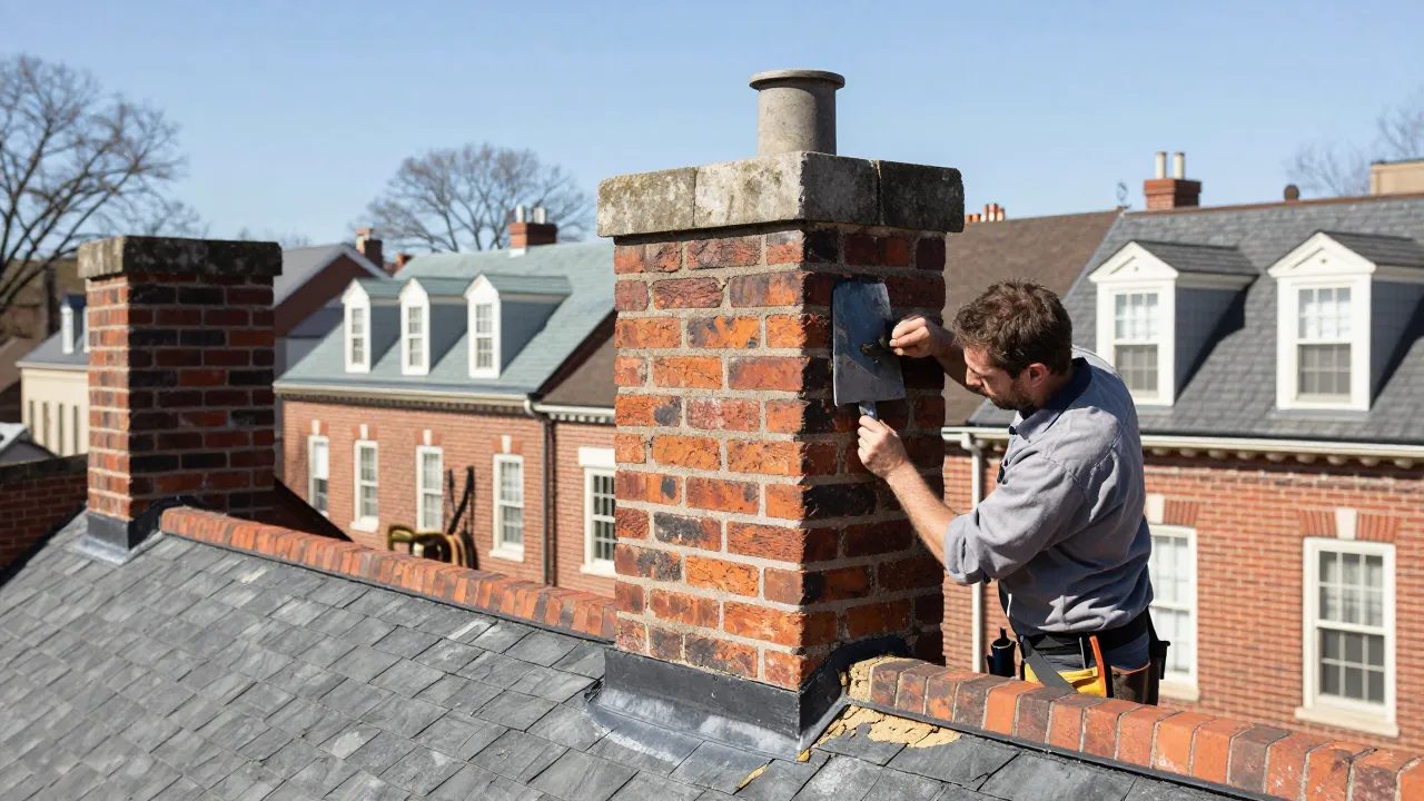 Chimney masonry repointing on a historic brick rowhouse in Greenbelt, MD — Eagle Chimney Service