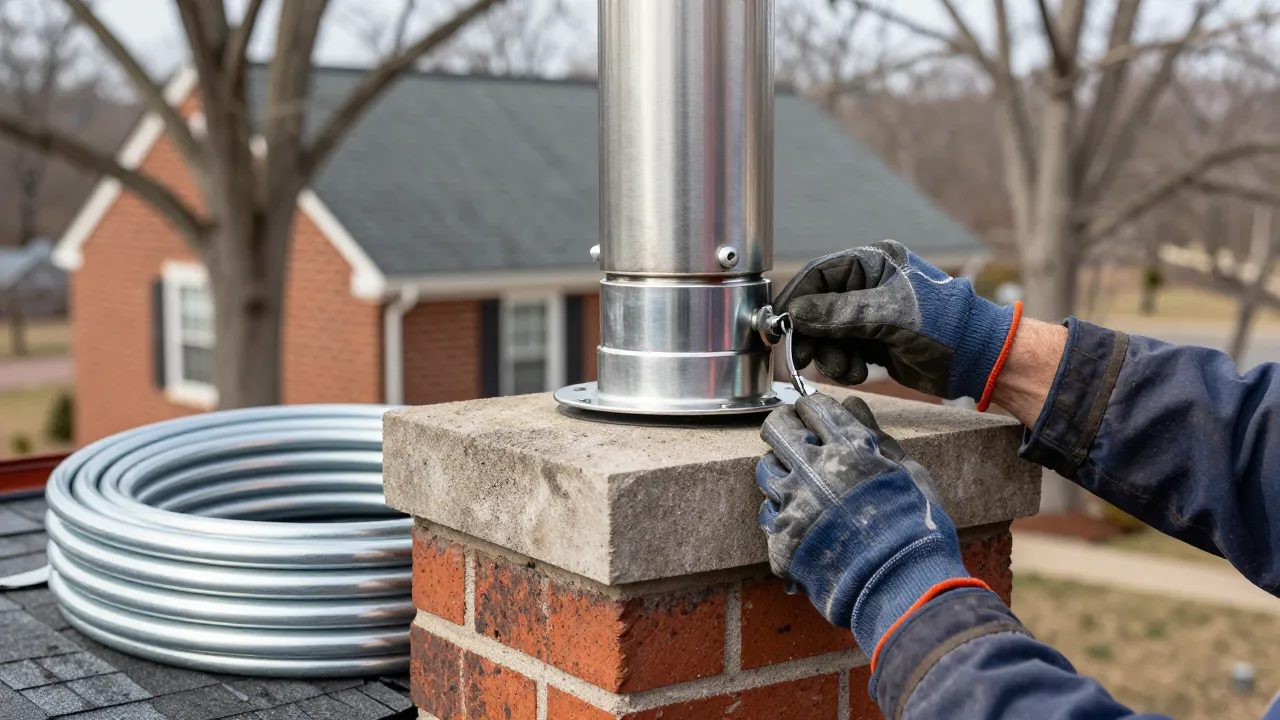 Stainless steel chimney liner top plate install on a brick colonial in Jessup, MD — Eagle Chimney Service
