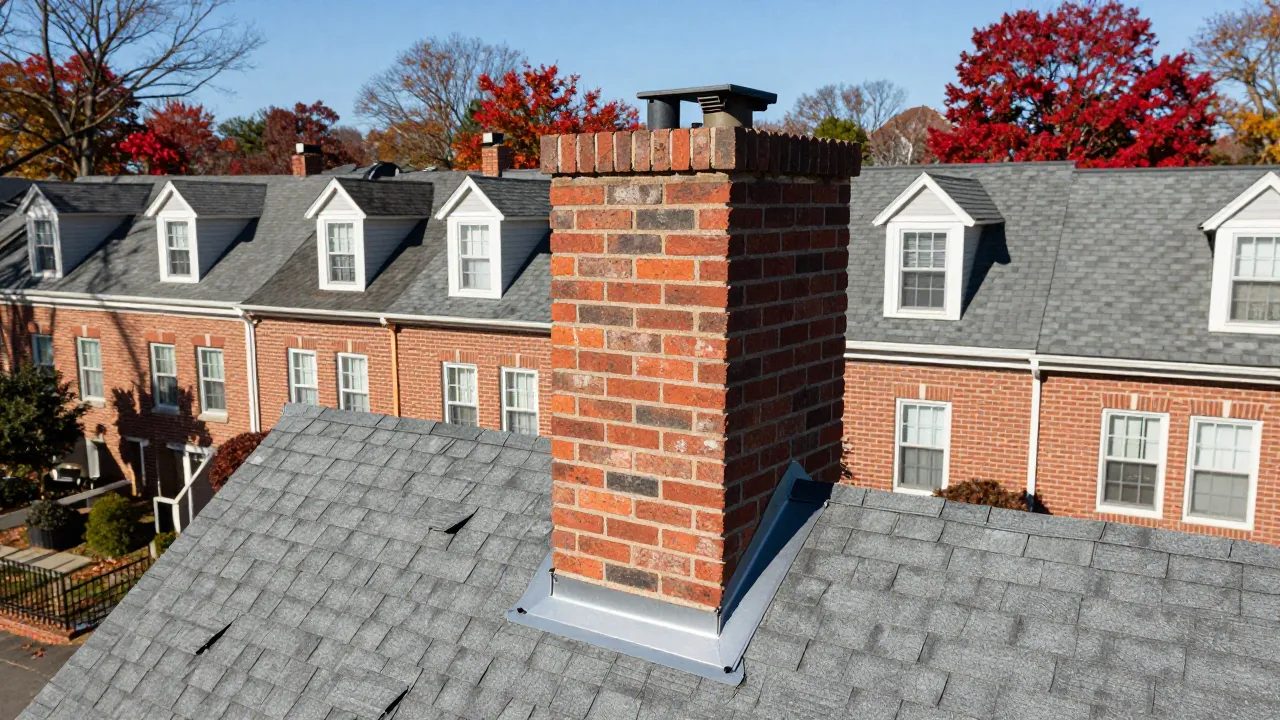 Chimney flashing repair on a brick townhouse in Nottingham, MD — Eagle Chimney Service