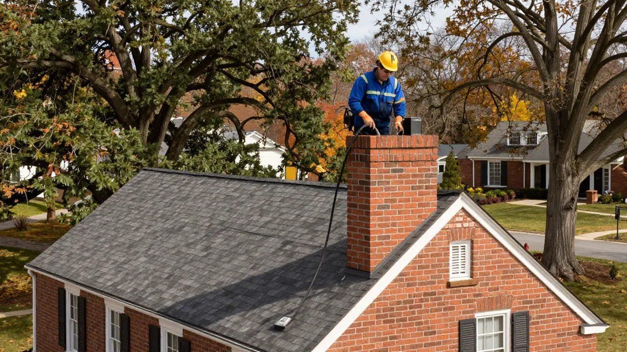 Chimney sweep on a brick colonial in Perry Hall, MD — Eagle Chimney Service
