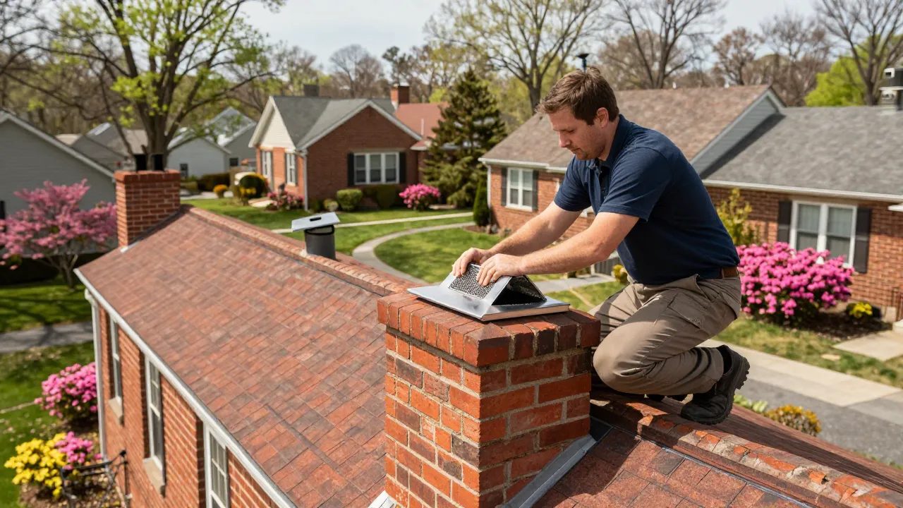 Stainless steel chimney cap installation on a brick rancher in Maryland — Eagle Chimney Service